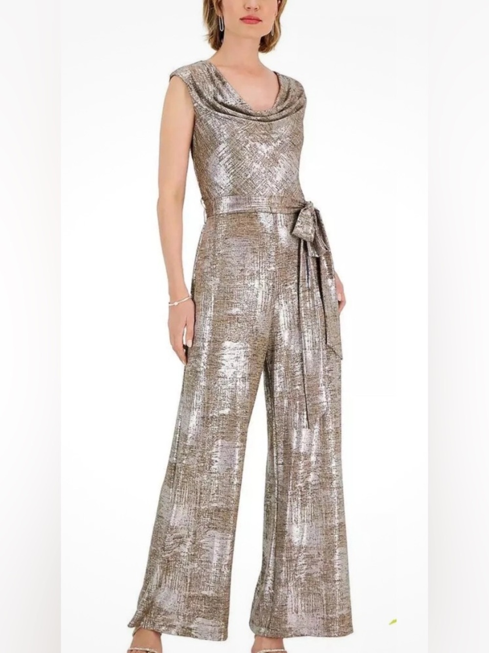 connected apparel Metallic Gold Drape Neck Jumpsuit